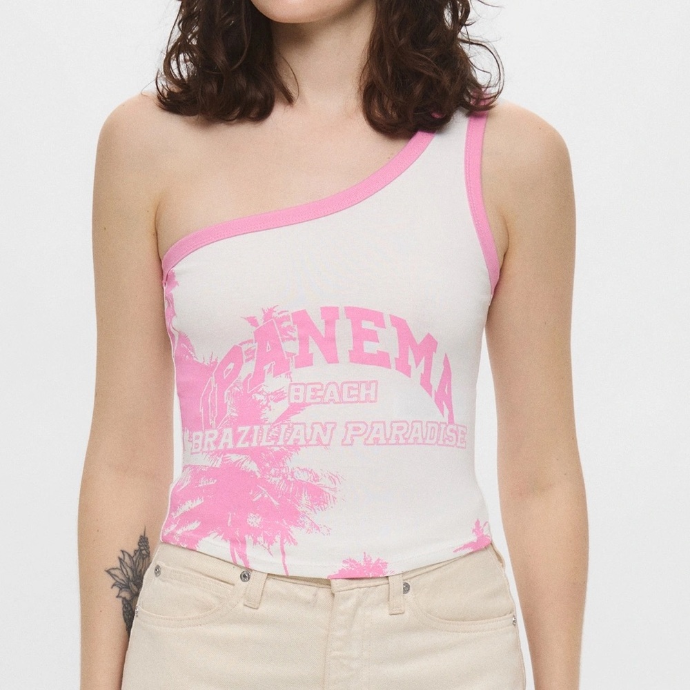 BERSHKA Pink and White Graphic One Shoulder Tank Top